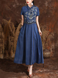 Women's Ethnic Style Hand-Embroidered A-Line Blue Denim Dress