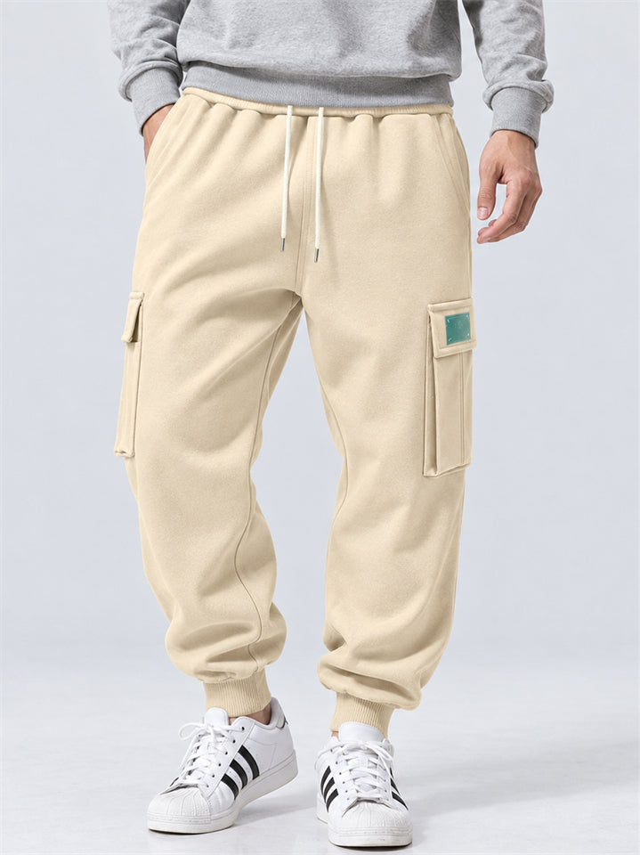 Men Fleeced Drawstring Elastic Waist Loose Fit Cargo Joggers Sweatpants