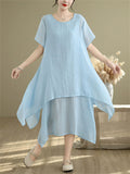 Women's Casual Solid Color Round Neck Double-layer Big Hem Midi Dress