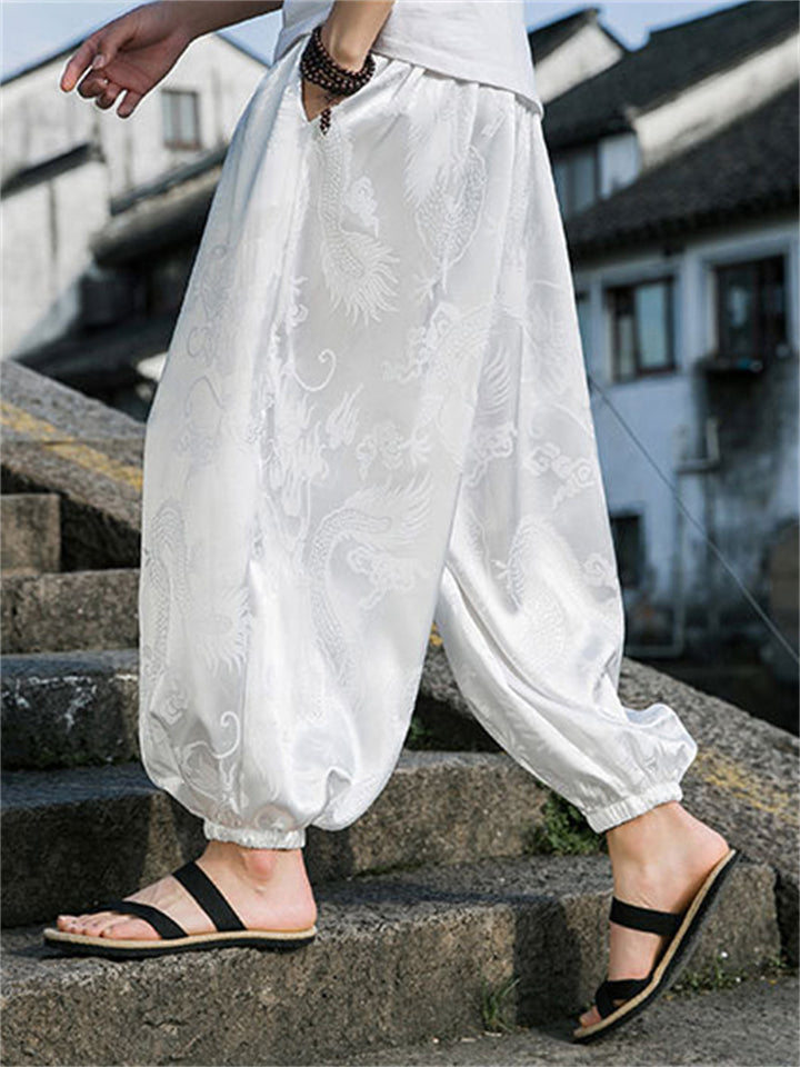 Men's Vintage Chinese Style Dragon Print Ice Silk Pants