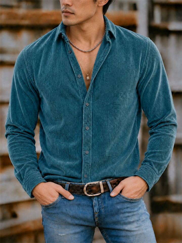 Men's Autumn Solid Color Lapel Long Sleeve Corduroy Shirts
