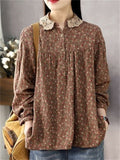 Women's Loose Floral Print Long Sleeve Lace Patchwork Collar Shirts