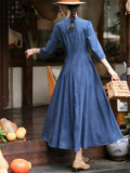 Women's V-neck Ethnic Floral Embroidery Button Pockets Denim Dress