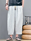 Men Striped Cotton Linen Baggy Wide Leg Cropped Harem Pants