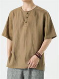 Chinese Style Comfy Solid Color Linen Short Sleeve Shirt