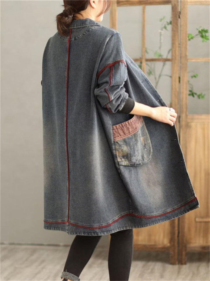 Retro Casual Patchwork Pockets Denim Jacket for Women