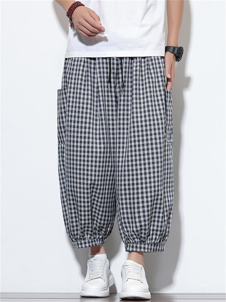 Men's Summer Trendy Plaid Pockets Wide Leg Cropped Pants