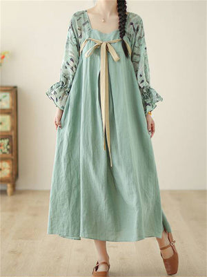 Chinese Style Vintage Print Patchwork Long Sleeve Dress for Women