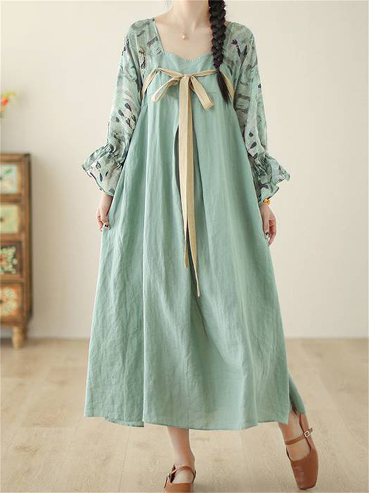 Chinese Style Vintage Print Patchwork Long Sleeve Dress for Women