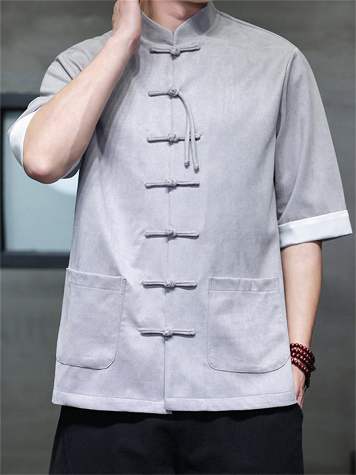 Men's Faux Suede Chinese Kung Fu Short Sleeve Frog Button Shirts