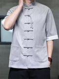 Men's Faux Suede Chinese Kung Fu Short Sleeve Frog Button Shirts