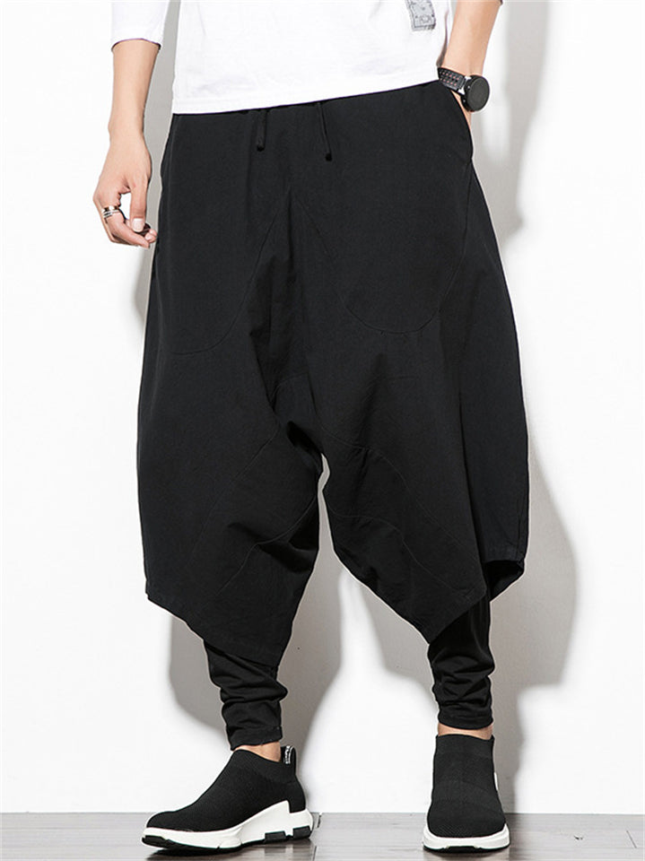 Men's Cotton Linen Solid Color Drop Crotch Capri Pants