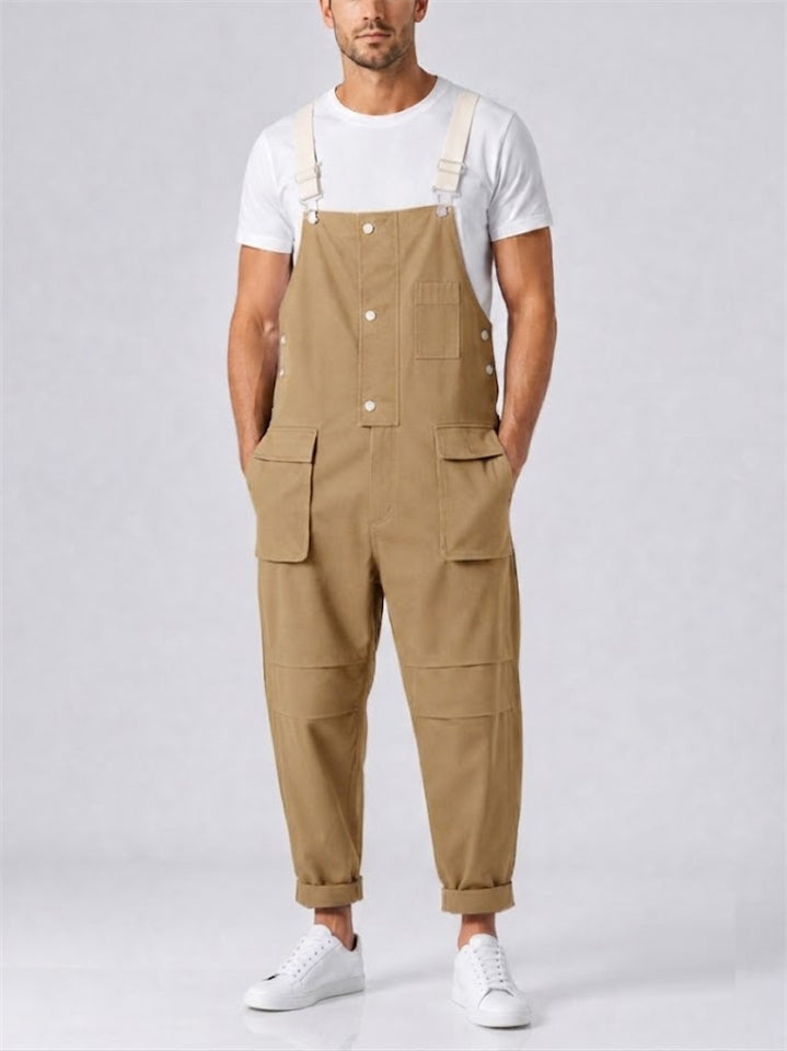 Mens Japanese Style Multi Pocket Cargo Bib Overalls Relaxed Jumpsuit