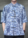 Men's Summer Retro Cotton Linen Print Short Sleeve Tang Suit Shirts