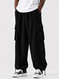 Mens Corduroy Cargo Pants with Multi Pockets and Drawstring Hem