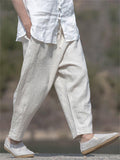Men's Solid Color Linen Wide Leg Drawstring Cropped Pants