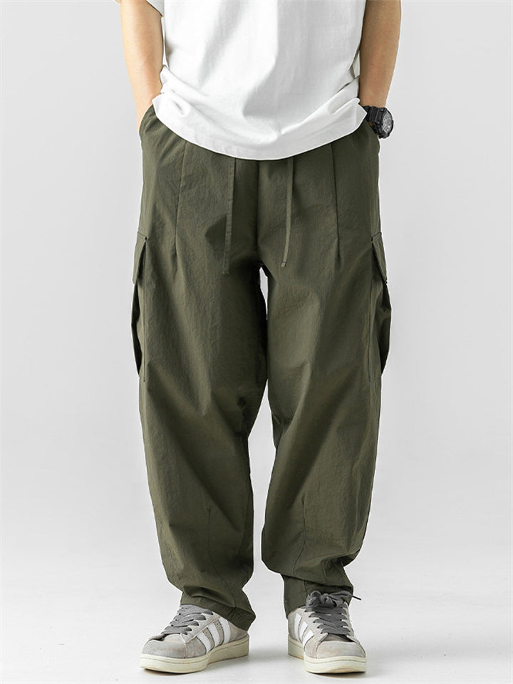Korean Style Casual Outdoor Solid Color Wide Leg Cargo Pants for Men