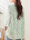 Women's Green 3/4 Sleeve Round Neck Beads Patchwork Shirts