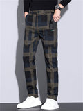 Men's Casual Plaid Elastic Waist Multi-Pocket Straight Fit Pants