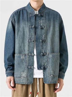 Men's Trendy Stand Collar Patch Pocket Washed Denim Jacket
