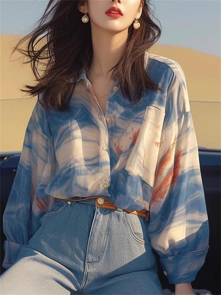 Korean Style Blue Summer Button Up Lapel Shirt for Women