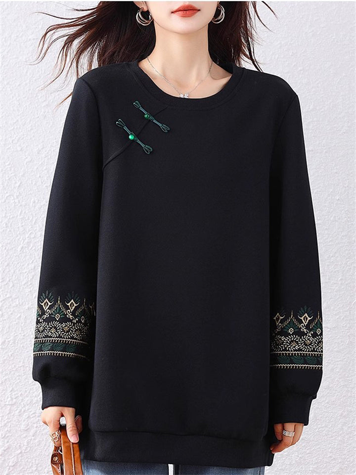 Women's Loose Black Embroidery O-Neck Pullover Sweatshirt