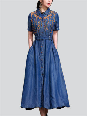 Women's Orange Leaf Embroidery Lapel Button Blue Denim Dress