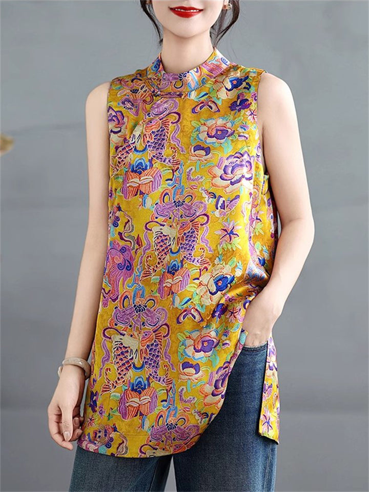 Chinese Style Comfy Yellow Vintage Summer Printed Vest Shirt