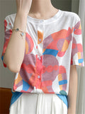 Summer Casual Print Round Neck Button Up T-Shirts for Women