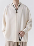 Men's Chinese Zen Style V Neck Long Sleeve Casual Loose Fit Shirts