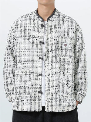 Men's Autumn Vintage Chinese Style Plaid Pockets Stand Collar Tangsuit Jackets