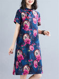 Women's Retro Flowers Print A-Line Loose Cheongsam Dress