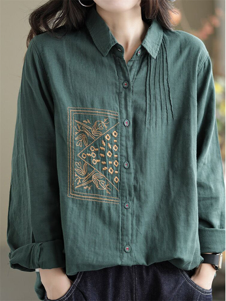 Retro Loose Embroidery Pleated Lapel Shirt for Women