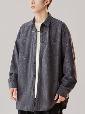 Casual Comfy Plants Print Long Sleeve Stand Collar Shirts For  Men
