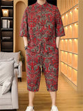 Men's 2-Piece Summer Print Half Sleeve Stand Collar Shirt& Pants Set