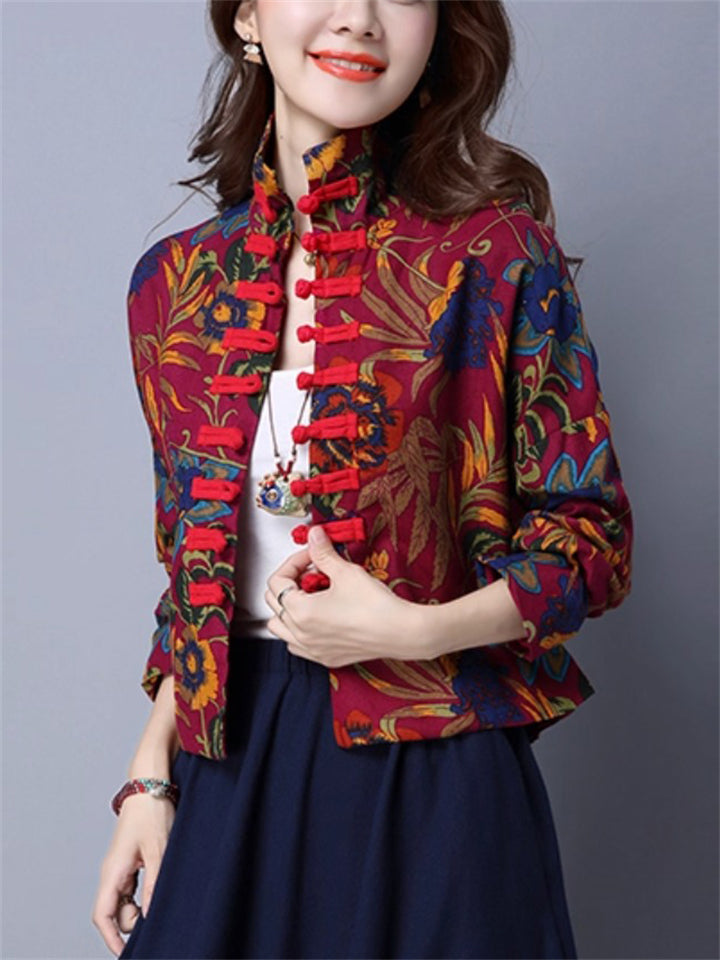 Women's Retro Autumn Ethnic Style Printed Stand Collar Jackets