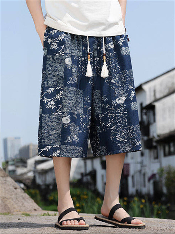 Men's Chinese Style Ancient Aesthetic Patterns Cotton Blend Wide Leg Shorts