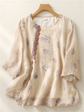 Women's Summer Casual Floral Print Embroidery 3/4 Sleeve Shirt