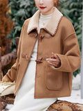 Women's Winter Vintage Contrast Trim Fleeced Faux Suede Long Sleeve Coats