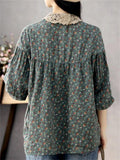Women's Loose Floral Print Long Sleeve Lace Patchwork Collar Shirts