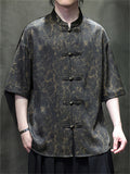 Men's Summer Cool Chinese Style Stand Collar Marble Print Half Sleeve Shirts