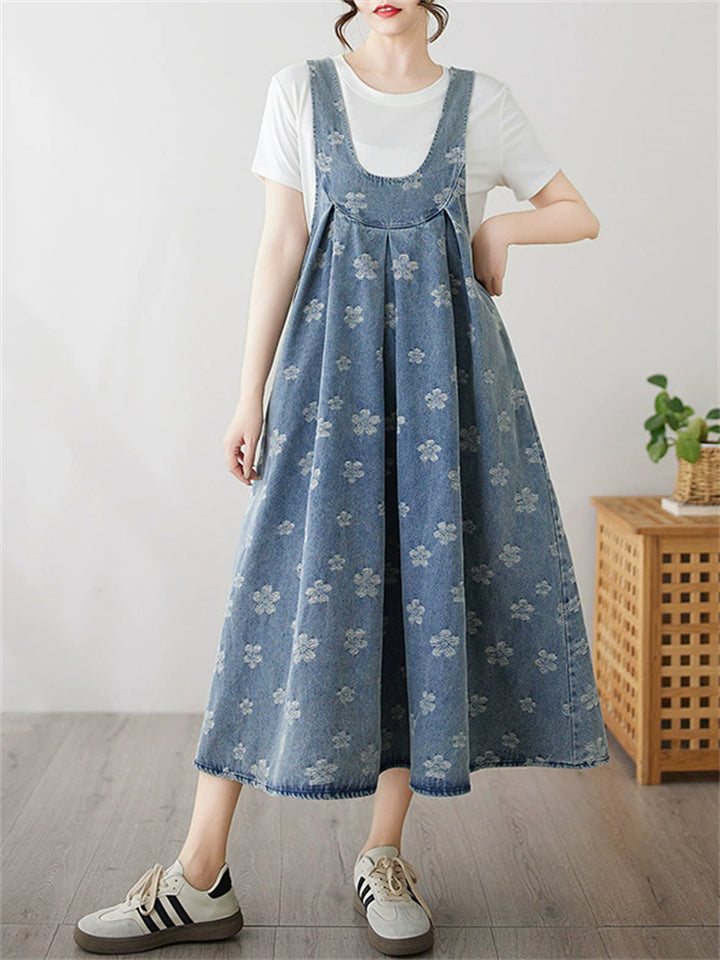 Women's Casual Blue Printed Sleeveless Strappy A-Line Demin Dress