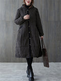 Women's Mid-length Black White Stripe Fleece-lined Coats