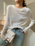 Women's Loose Comfy Hollow Solid Color Round Neck Long Sleeve Shirts