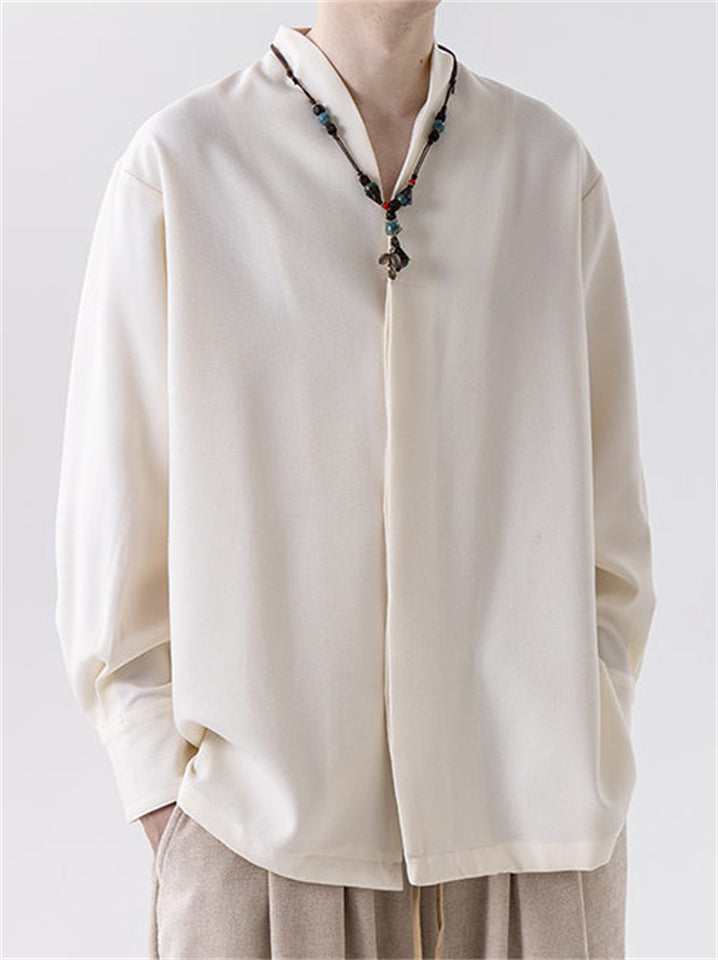 Men's Chinese Zen Style V Neck Long Sleeve Casual Loose Fit Shirts