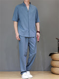 Men's 2Pcs Comfy Stand Collar V Neck Short Sleeve Solid Color Outfits