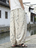 Mens Chinese Style Printed Drawstring Baggy Summer Pants
