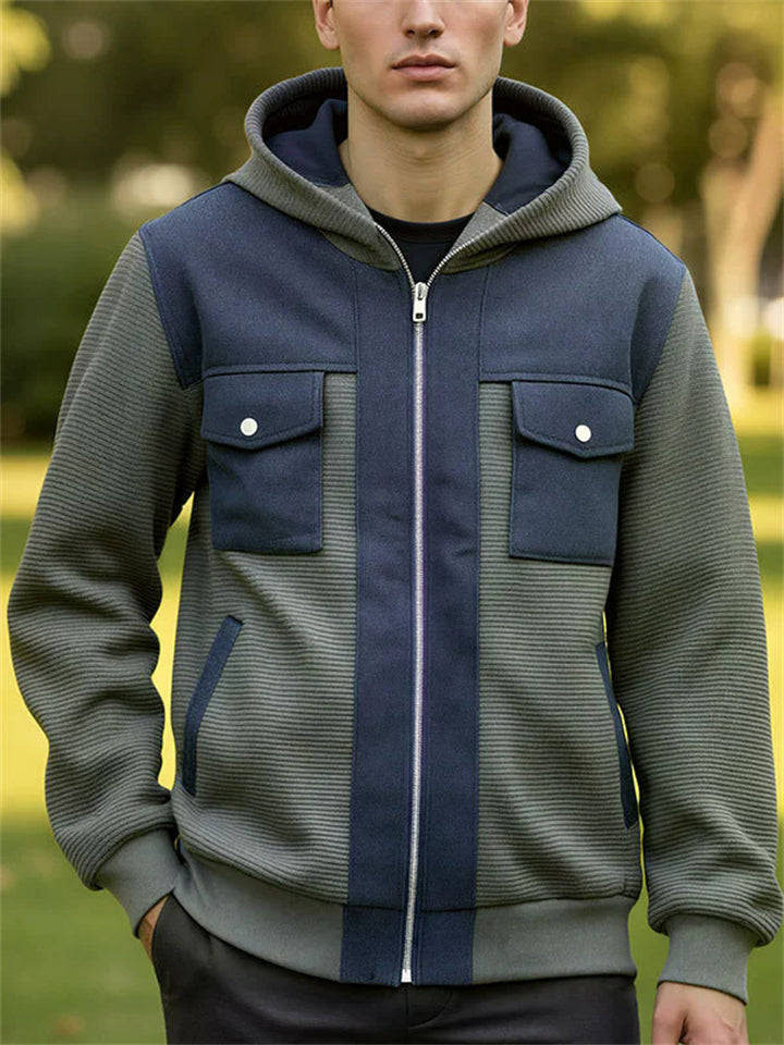 Men's Zip Front Casual Contrast Color Patchwork Outerwear‌ Hooded Jackets