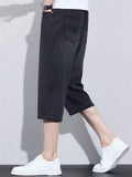 Mens Ice Silk Relaxed Fit Denim Capri Shorts Loose Summer Jeans