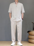 Men's 2Pcs Comfy Stand Collar V Neck Short Sleeve Solid Color Outfits